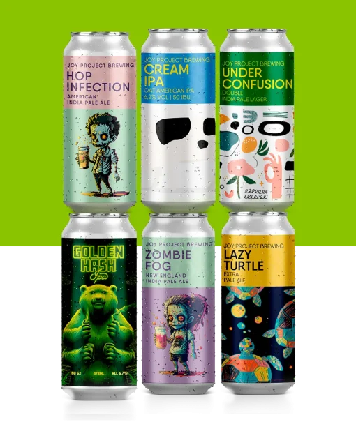 6-pack Hop On Board com 2 latas da Lazy Turtle XPA, 2 latas Cream AIPA e 2 latas da Under Confusion DIPL. Lazy Turtle Joy Project Brewing Pale Ale – XPA (Extra Pale) 5.4% ABV Lazy Turtle é nossa interpretação das apas modernas, as famosas Extra Pale Ales californianas, escolhida para ser uma das a nossas allday beers, leva maltes-base suficientes para deixa-la com um corpo médio, dourada, e equilibrar com os lúpulos resinosos, florais e cítricos nortes americanos. Cerveja leve, aromática e com uma drinkability invejável. A cerveja perfeita para relaxar e beber o dia todo. Cream IPA ² Joy Project Brewing IPA - American 6.2% ABV Joy Cream IPA 2.0 é um verdadeiro Smoothie de Frutas Cítricas. Uma Oat Cream IPA incrivelmente cremosa, com maciez proporcionada pela adição massiva de aveia. Amarillo e Mosaic criam um perfil de frutas amarelas maduras, que vão te proporcionar uma nova experiência para um estilo mundialmente consagrado. Under Confusion Joy Project Brewing Lager – IPL (India Pale Lager) 8.4% ABV Desconstruímos alguns conceitos e trouxemos nossa Double India Pale Lager! Com uma pitada de aveia em sua base, lúpulos que trazem frescor, mantendo o amargor redondo e fermento lager, imergimos em uma deliciosa confusão de sabores!
