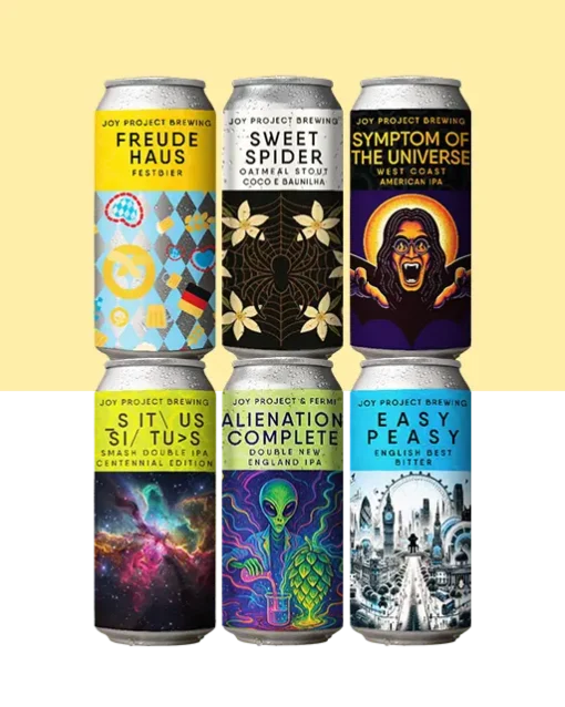 6-Pack com as cervejas artesanais mais novas da Joy. Últimos lançamentos disponíveis em edição limitada. Rotação contínua de rótulos recém-produzidos. S.I.T.U.S Centennial — Double IPA Floral, cítrico e resinoso, equilibrada e intensa. Sweet Spider — Oatmeal Stout Cacau, café, coco e baunilha; cremosa e aveludada. Symptom of the Universe — American IPA Tropical, cítrica e resinosa, com amargor firme e intenso. Alienation Complete — Double NEIPA Citra, Galaxy, Sultana e Rakau; frutas tropicais e corpo macio. Easy Peasy — ESB (English Best Bitter) Notas de biscoito, pão e amêndoas; equilibrada. Freude Haus — Festbier OKTOBERFEST Pão fresco, floral de lúpulos nobres, casca de pão, refrescante