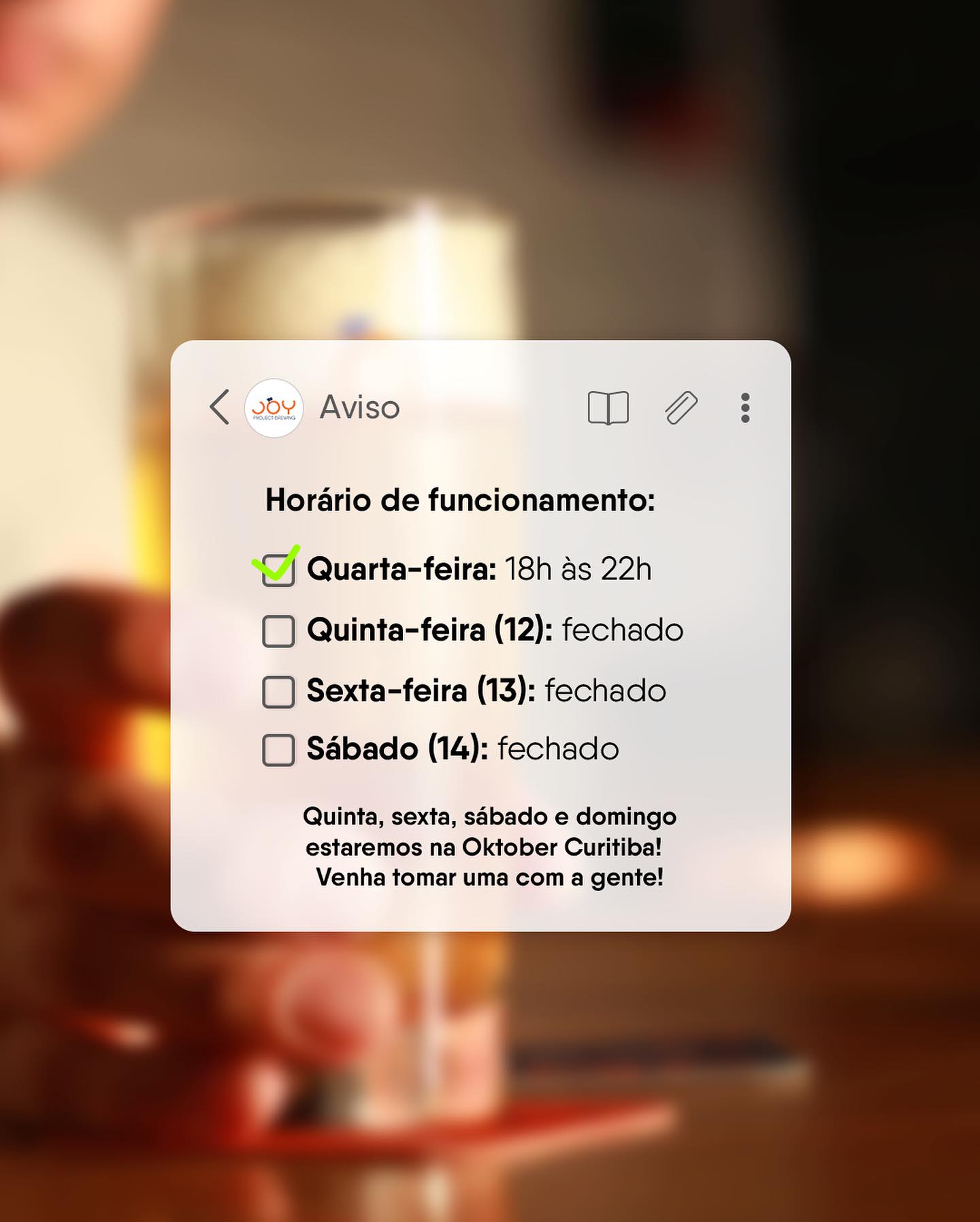 Atenção para os nossos horários de atendimento no feriado - Imagem 2 • Joy Project Brewing Curitiba