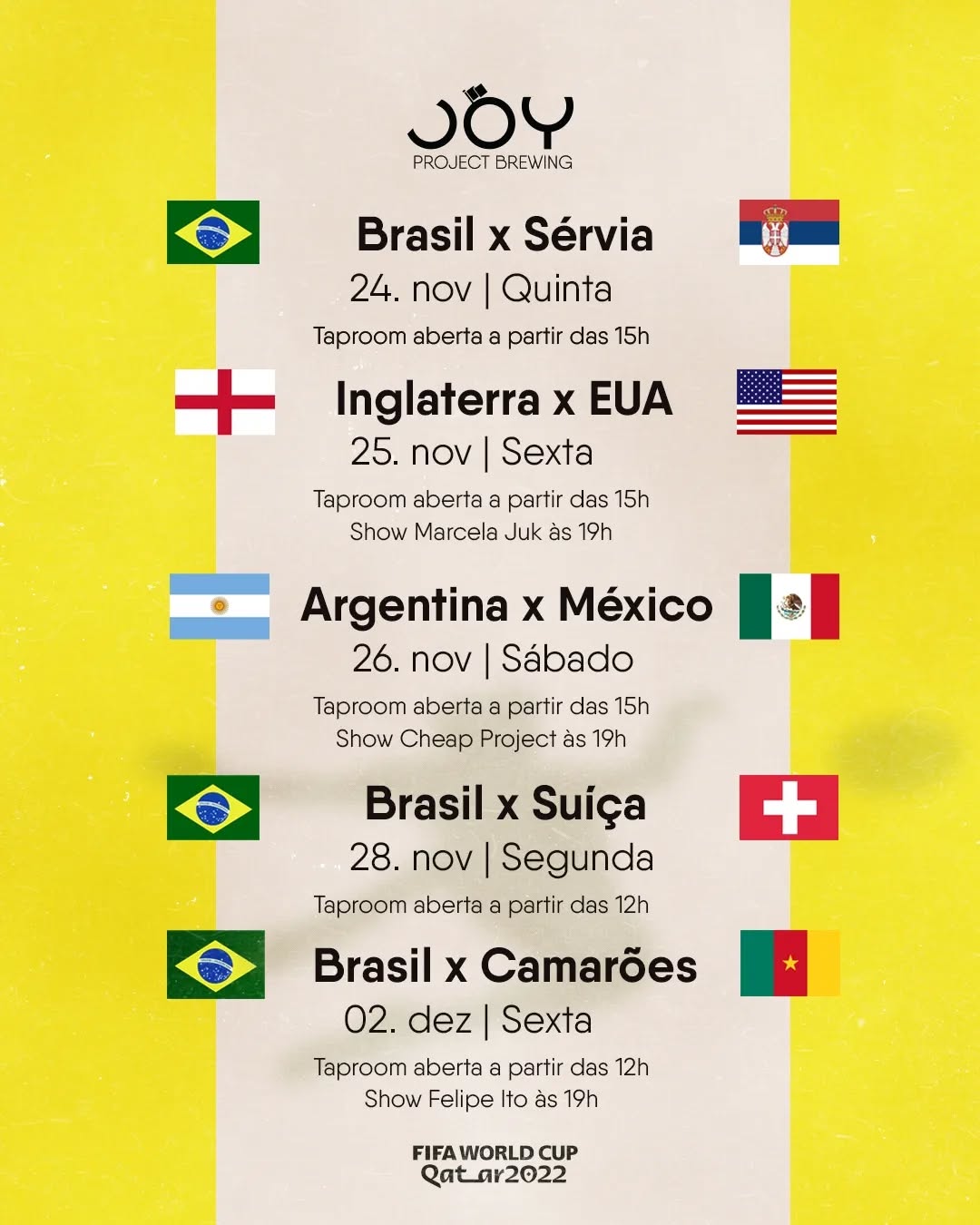 O MELHOR LUGAR PARA ASSISTIR AOS JOGOS DO BRASIL É NA JOY - Imagem 2 • Joy Project Brewing Curitiba