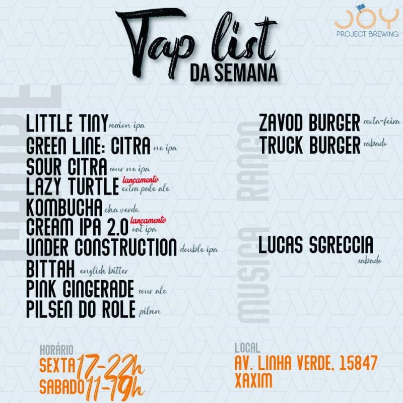 Olar! 😎 Já tá possível pensar no final de semana? Siiiiiiim! 🍺 O es... • Joy Project Brewing Curitiba